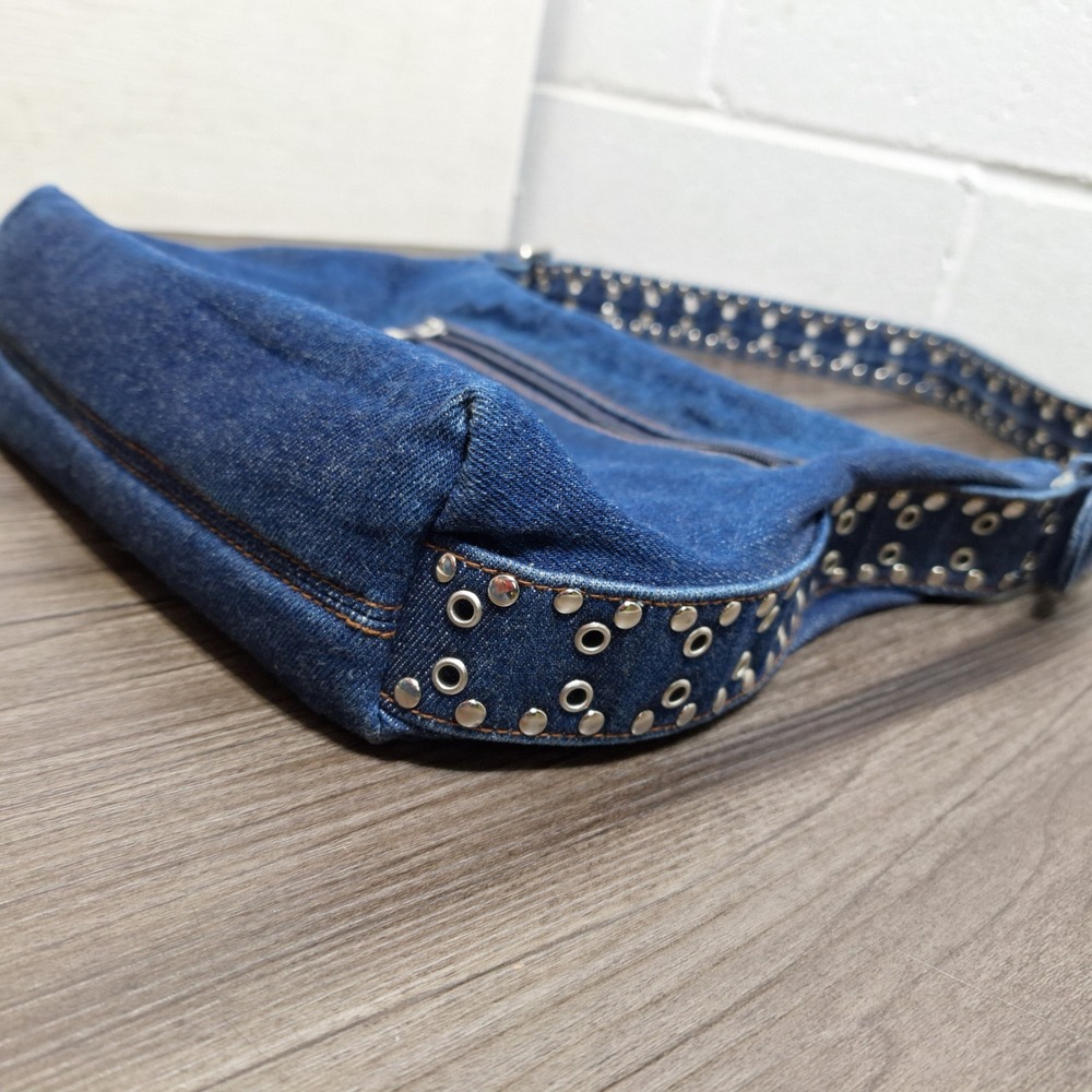 Kaela Blue Denim Studded Hobo Shoulder Bag Y2K Grommet Strap Vintage Style - Picture 5 of 8